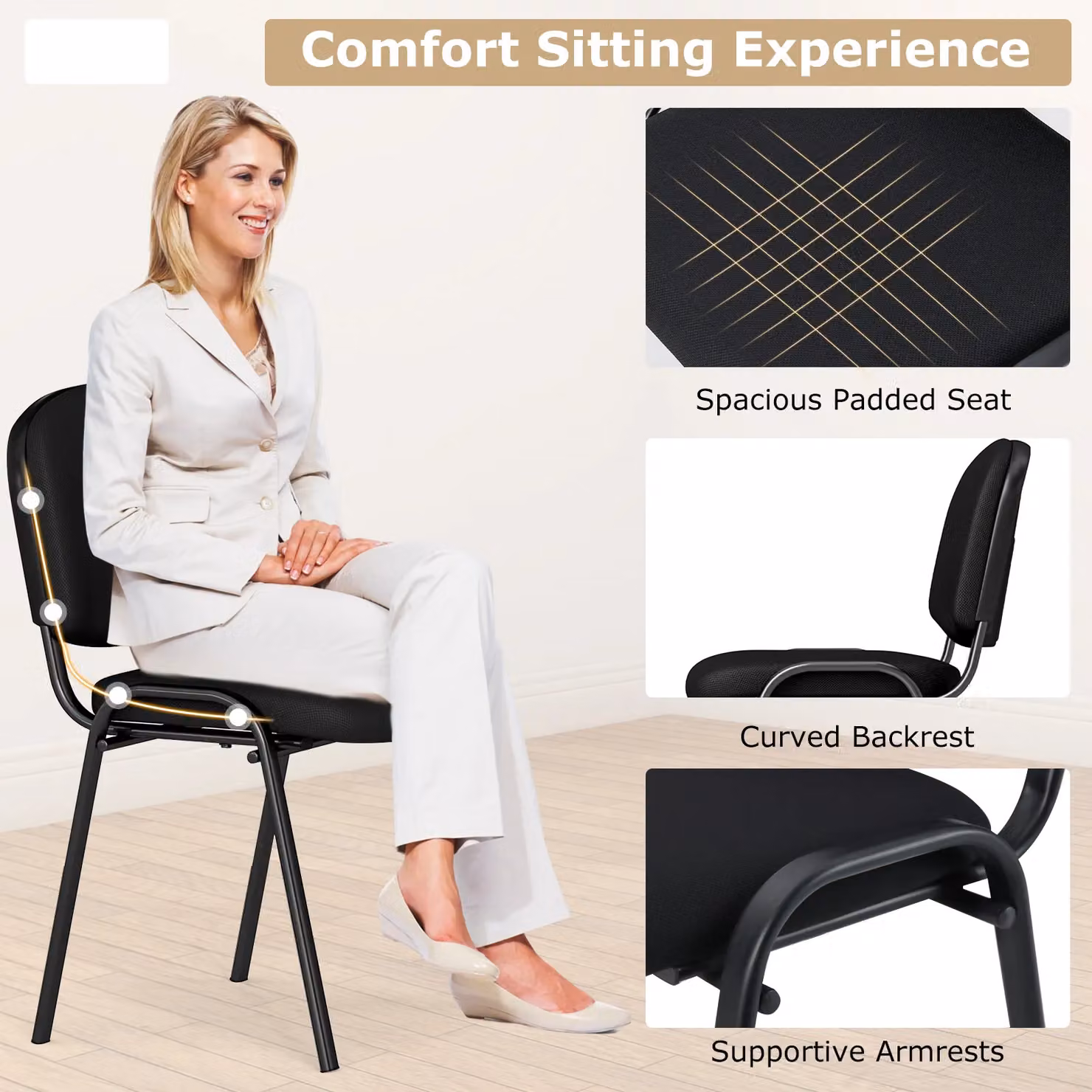 Gymax Set of 2 Stackable Black Fabric and Metal Waiting Room Chairs for Reception or Home Office – 4