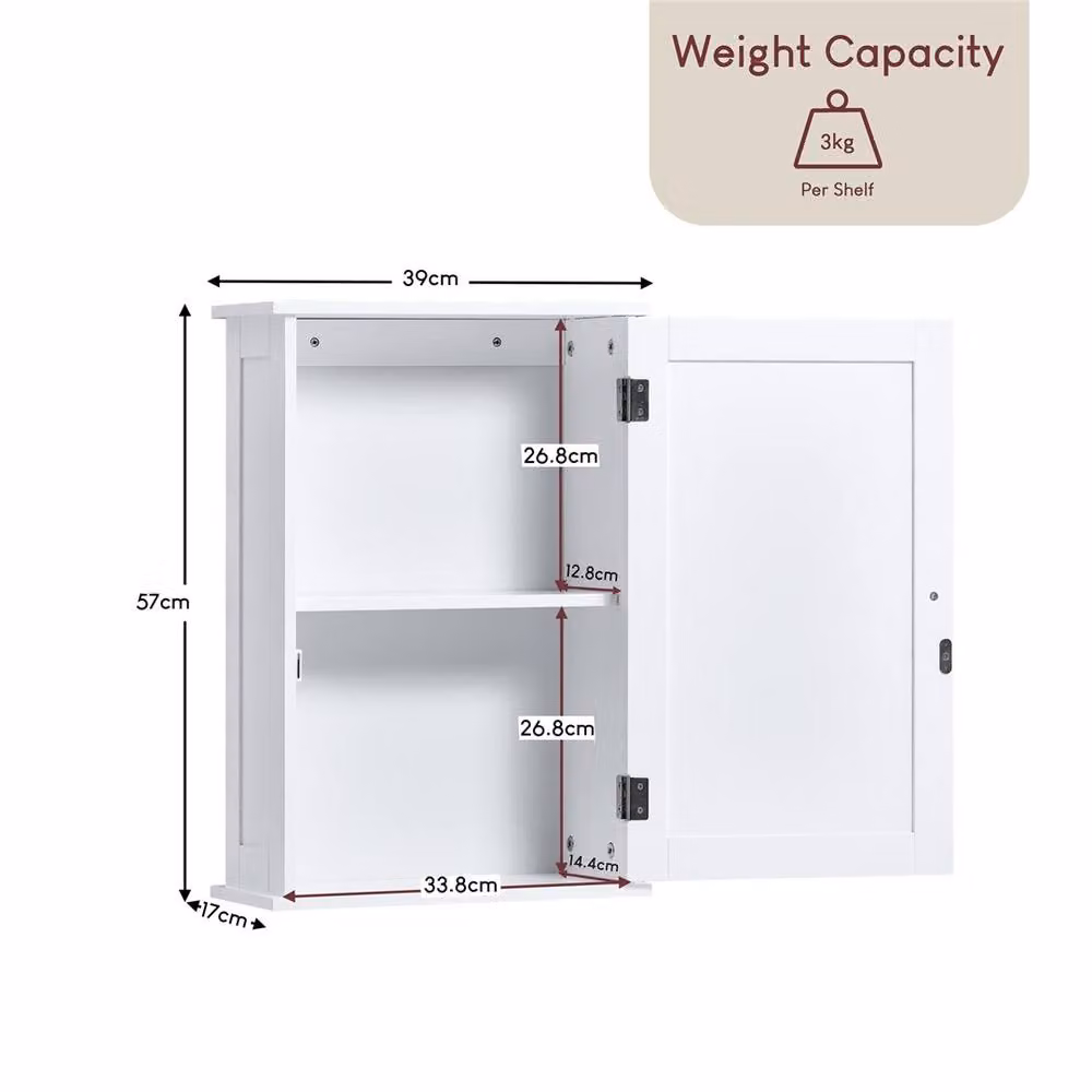 FORGEVIO White Wall-Mounted Bathroom Cabinet with Single Hinged Door and Internal Shelves – 2