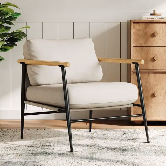 Komore Modern Linen Armchair with Foam Cushion in Beige, Black and White