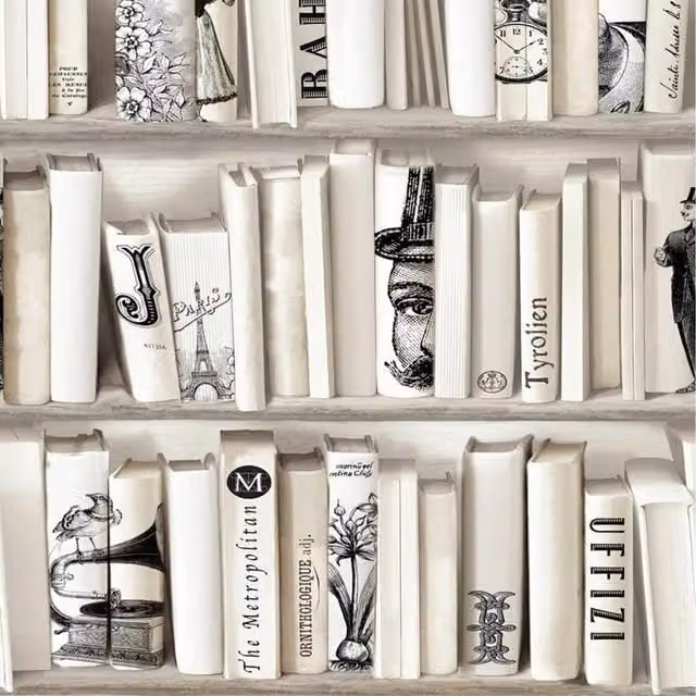 Muriva Vintage Realistic Encyclopedias Bookcase Wallpaper in Cream, Black, Grey and White