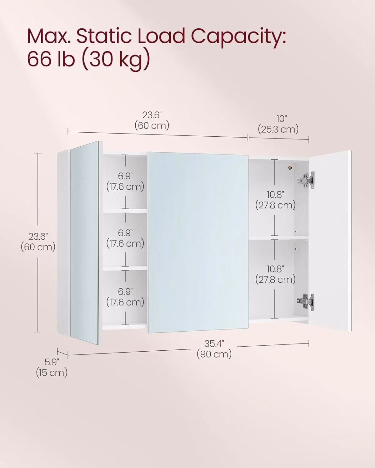 VASAGLE White Modern Wall-Mounted Bathroom Mirror Cabinet with 3 Hinged Doors and Internal Shelves – 2