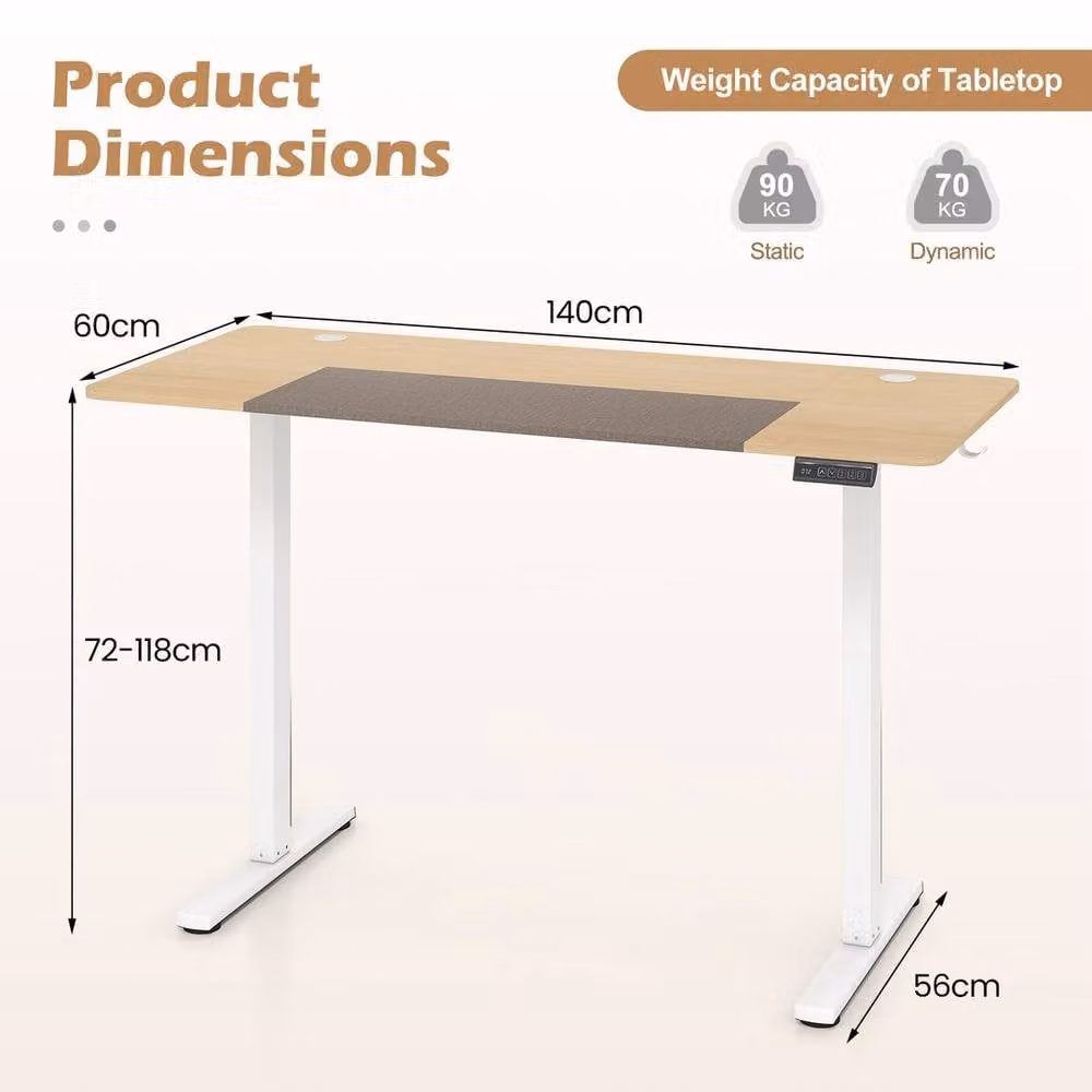 KORVIXA Natural Brown Height Adjustable Electric Sit Stand Gaming and Office Desk W/D/H: 140 x 60 cm – 2