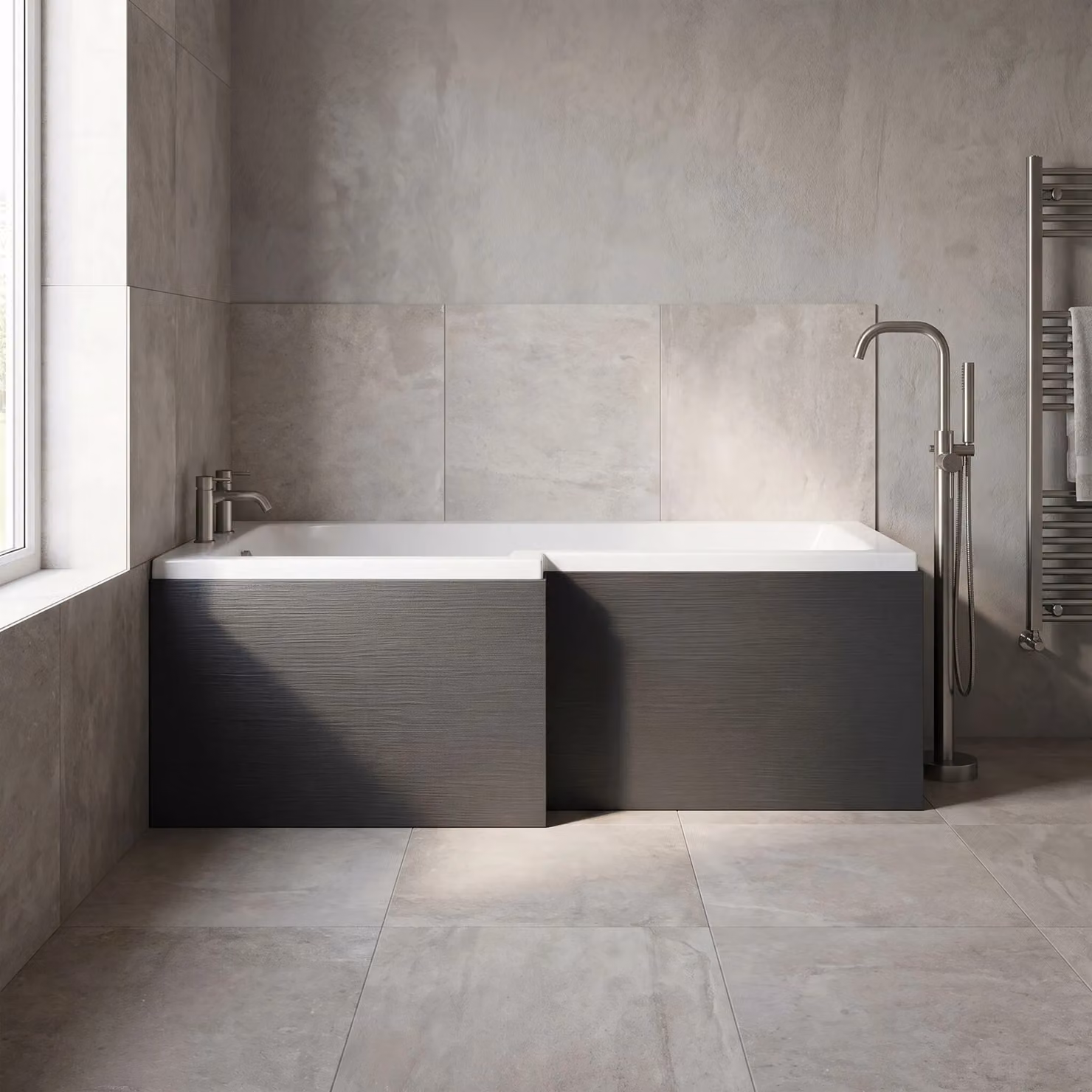 Balterley L Shape Square Front Bath Panel in Woodgrain Graphite Grey, 1700mm – 2