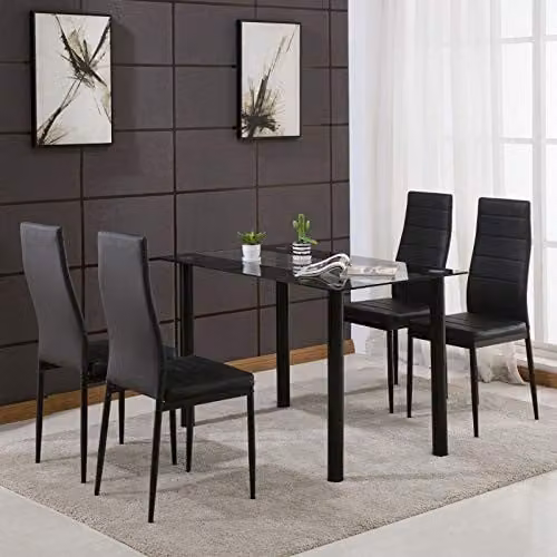 KOSY KOALA Modern Rectangular Black Glass Dining Table and 4 Black Leather Chairs, W/D/H: 120 x 75 x 75 cm – 1