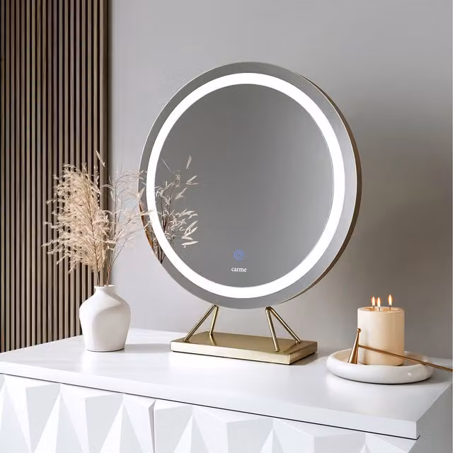 CARME Evie Round Frameless LED Light Tabletop Mirror in Gold
