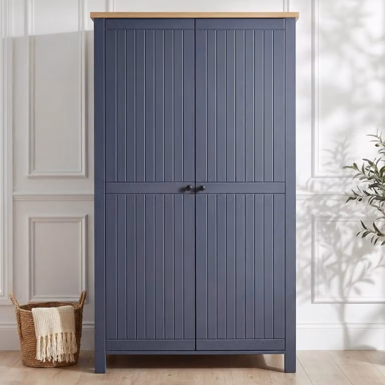 DHS Mid-Century Oak Blue and Black 2 Door Double Wardrobe with Soft Close Doors, Internal Shelves and Hanging Rod, W/D/H: 97.5 x 55.5 x 186 cm