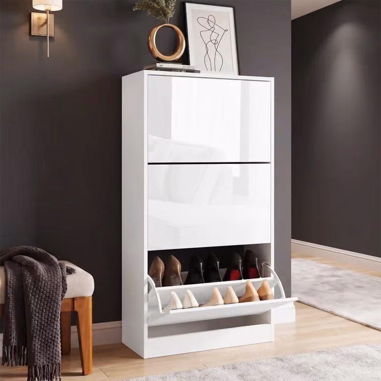 White High Gloss 3 Door Slim Shoe Cabinet with Tilting Compartments and Internal Shelves