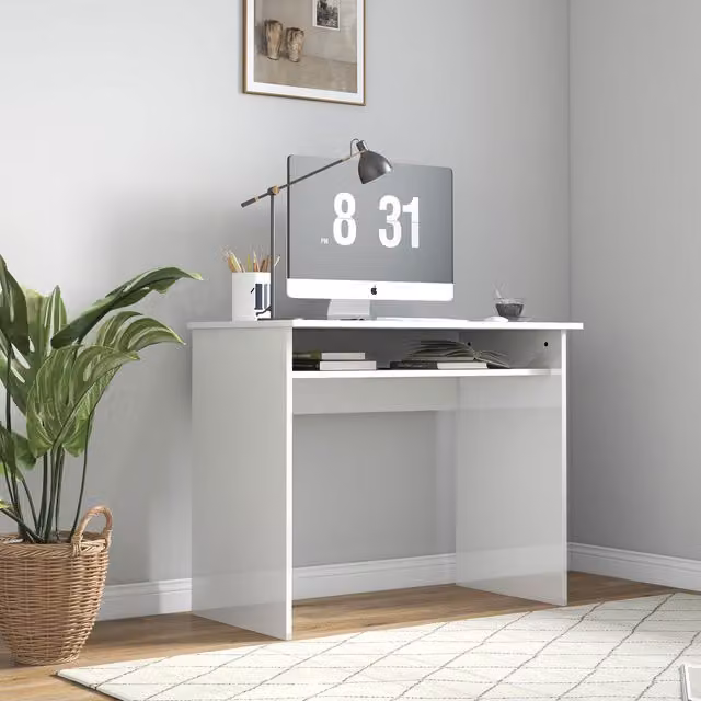 HOMCOM Modern White High Gloss Computer Desk with Storage for Home Office