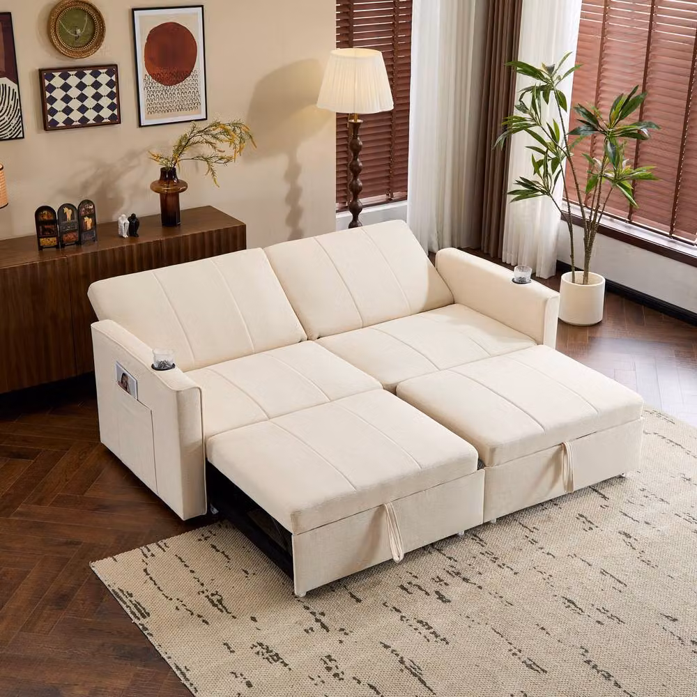 Tokpiedi King Size Convertible Sofa Bed in Beige with Side Storage and Pull Out Drawer – 2