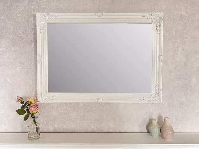 Downton Interiors Antique Style White Wood Frame Rectangular Wall Mirror W: 90 cm, H: 65 cm