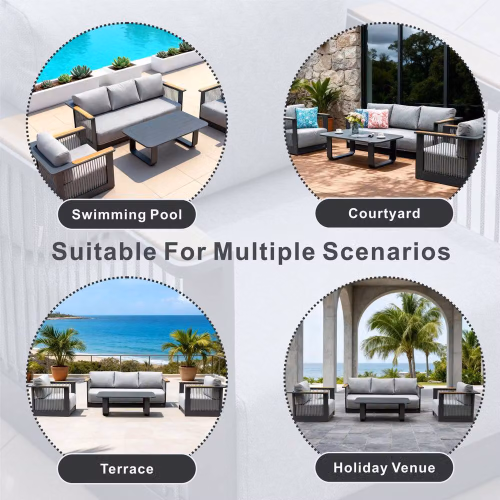 MIMO Garden Full Aluminium Rope Weave Sofa Set with Coffee Table in Grey – 5