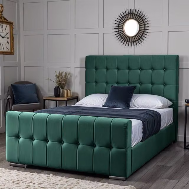 UK Bed Furniture Orlando Modern Upholstered Velvet Bed in Green, Size: 180 x 200 cm