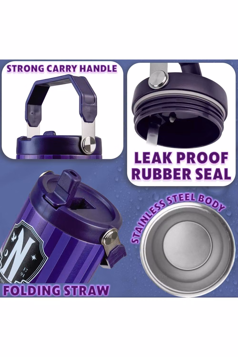 Get Trend Wednesday Insulated Metal Travel Tumbler with Flip Up Straw and Handle, 850ml, Purple – 10