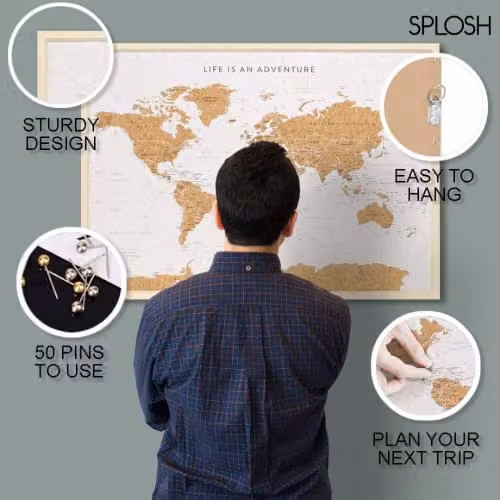 Splosh Large World Map Pin Board with White Wooden Frame and 100 Pins – 2