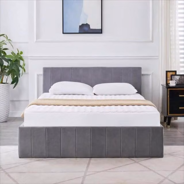 Kosy Koala Grey Velvet Upholstered Ottoman Storage Bed with Mattress, W/D/H: 140 x 200 cm