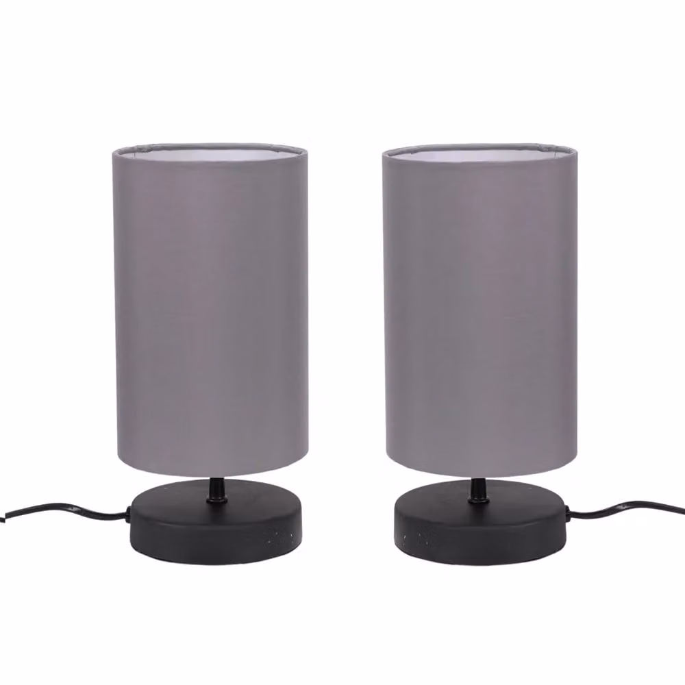 ValueLights Francis Pair of Black Dimmable Touch Table Lamps with Grey Fabric Shades – 2