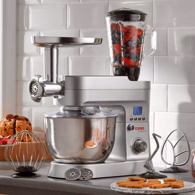 Cooks Professional Multifunction Stand Mixer 1200W with Mincer, Blender and 6.2L Stainless Steel Mixing Bowl in Silver – 1