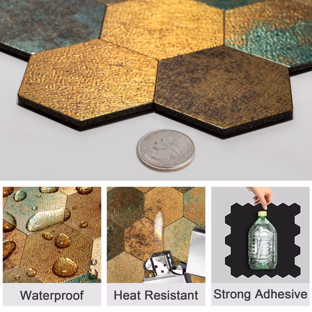 ENER-J Britwall Hexagon Aluminium Mosaic Peel & Stick Wall Tiles, Mixed Bronze, Pack of 4, W: 29.3 cm x H: 28.5 cm – 9