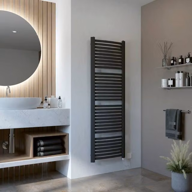 Bathroom Kingdom Fino Electric Curved Heated Towel Rail, Anthracite Grey, W: 58.0 cm, H: 76.5 cm