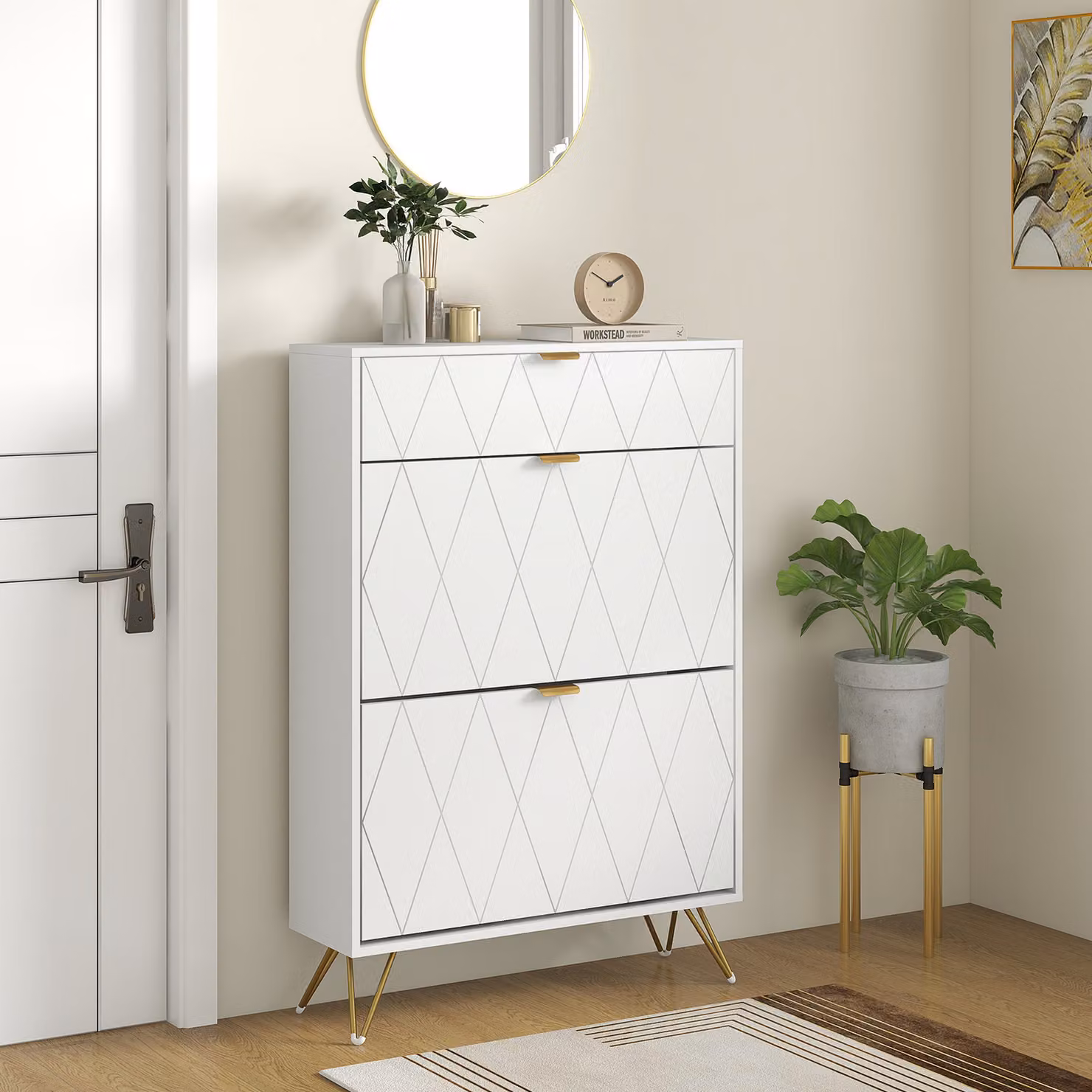 HOMCOM Narrow White Shoe Cabinet with Two Tilting Drawers and Internal Shelves – 2