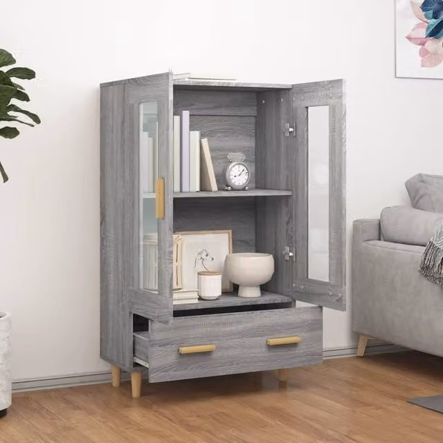 Berkfield Home Grey Sonoma Highboard with Glass Doors and Drawers, W/D/H: 70 x 31 x 115 cm