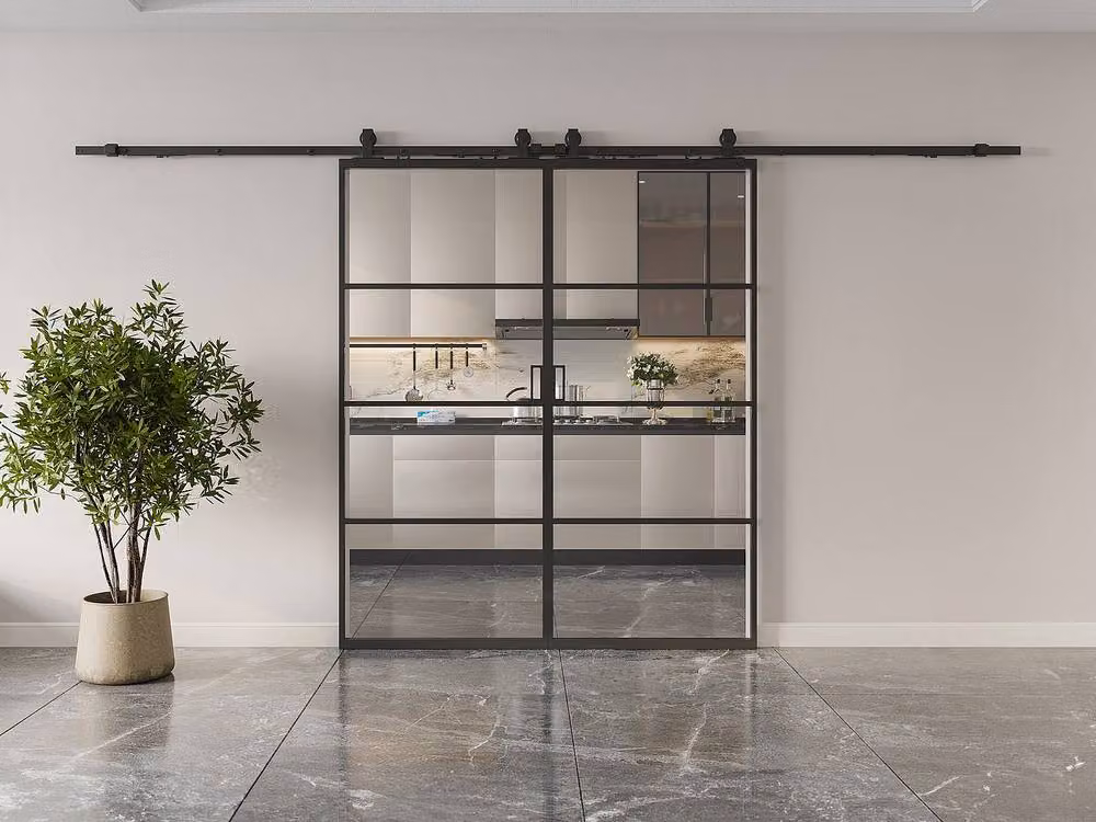 Vente-unique Black Aluminium and Glass Double Sliding Door with Surface Mounted Industrial System – 2