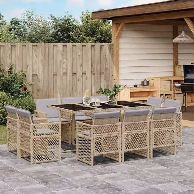 Berkfield Home 11 Piece Poly Rattan Garden Dining Set with Cushions and Glass Top in Beige