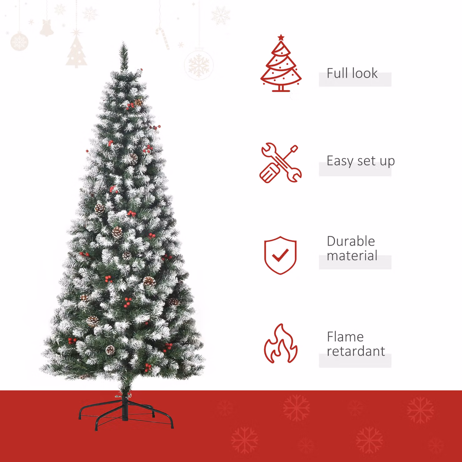 HOMCOM 6ft Prelit Green Christmas Pencil Tree with Red Berries and Pinecones – 3