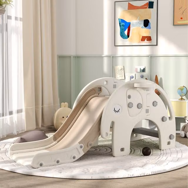AIYAPLAY 3 in 1 Elephant-Themed Kids Indoor Slide for 1-3 Years, Beige, Brown and White
