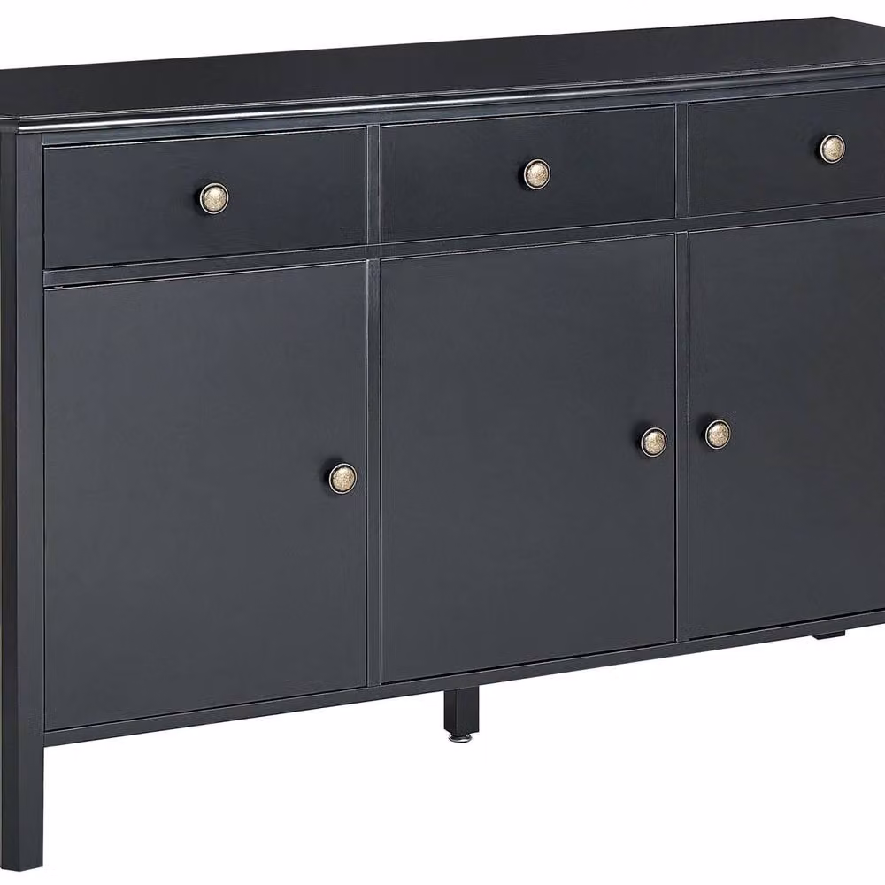 Wyld and Coco 3-Door Retro Sideboard in Black MDF with Pine Legs and Gold Knobs – 2