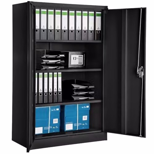 tectake Metal Lockable Filing Cabinet with Adjustable Shelves and Hinged Doors, Black or Grey, H 140 x W 90 x D 40 cm