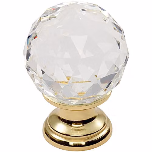 Loops Faceted Crystal Cupboard Door Knob in Polished Brass
