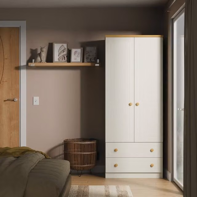 Warwick Ready Assembled 2ft6in 2 Drawer Wardrobe in Cream Ash and Modern Oak