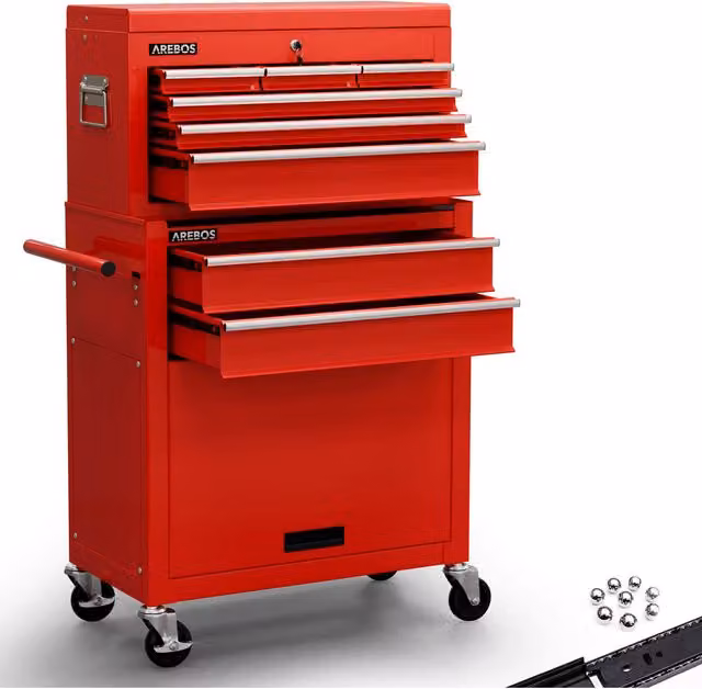 AREBOS Red Steel Tool Cabinet Cart Workshop Trolley with 9 Lockable Drawers