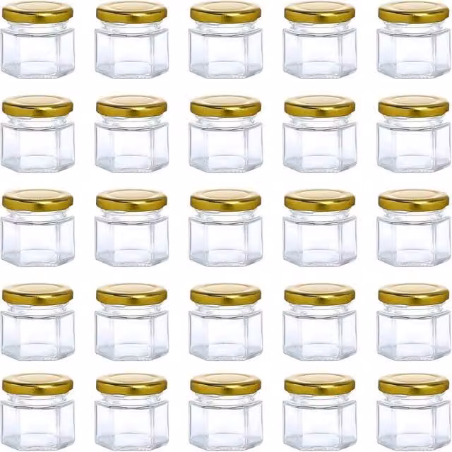 ATEK Set of 30 Hexagonal Small Glass Jars with Airtight Gold Metal Lids, 45 ml, Clear and Gold