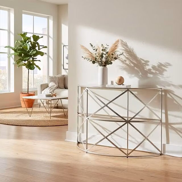 Orsina Silver Leaf Console Table with Geometric Iron Frame and Transparent Oval Tempered Glass Top
