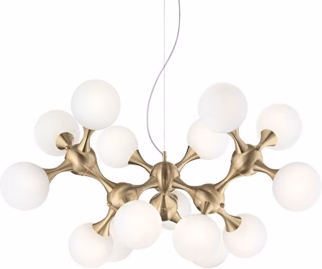 Ideal Lux Nodi Multi Arm Indoor Ceiling Pendant Lamp with 15 White Glass Spheres in Brass Satin Gold