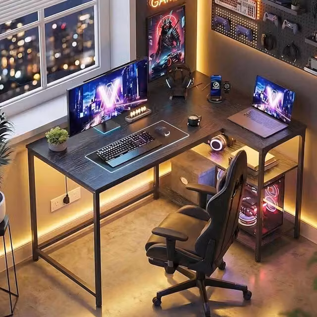 The Bazaarist L-Shaped Gaming Desk with Power Outlets and Shelves in Jet Black – 1