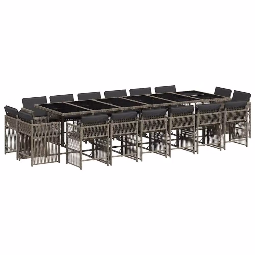 Berkfield Home 17 Piece Grey Poly Rattan Garden Dining Set with Cushions and Glass Top – 2