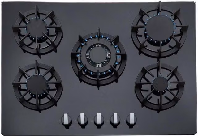 SIA Black 5 Burner Gas On Glass Built-in Hob with Cast Iron Pan Stands, Width: 70 cm
