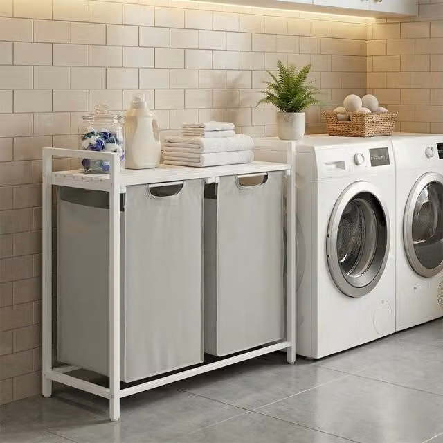 VASAGLE Laundry Basket with 2 Compartments and 2 Removable Liners, White