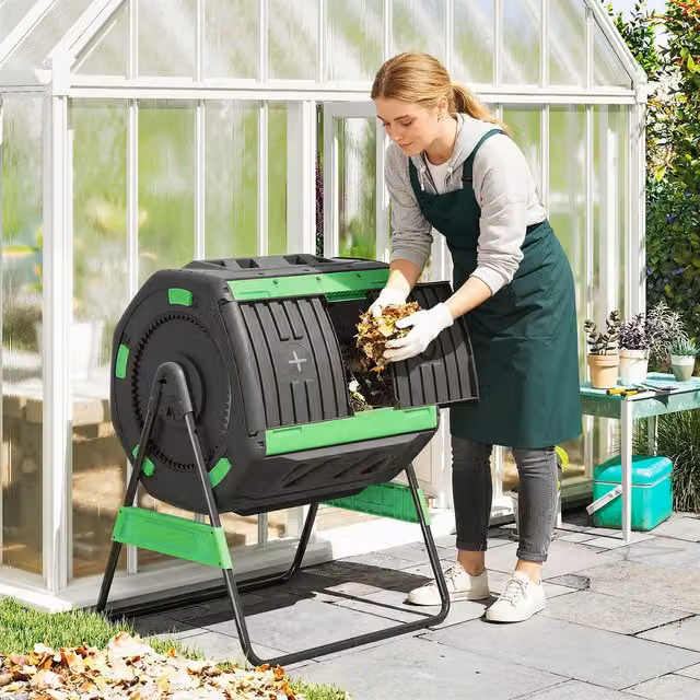 Outsunny Dual Chamber Garden Compost Bin 200L Outdoor Tumbler, Green