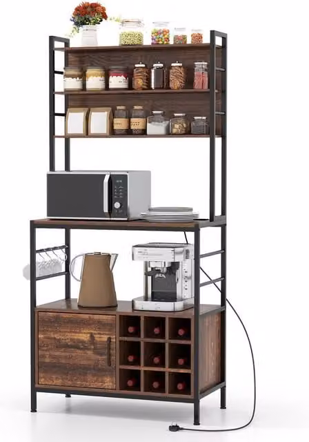 Gymax Brown Metal Bakers Rack Bar Cabinet and Microwave Stand with Power Outlet – 1