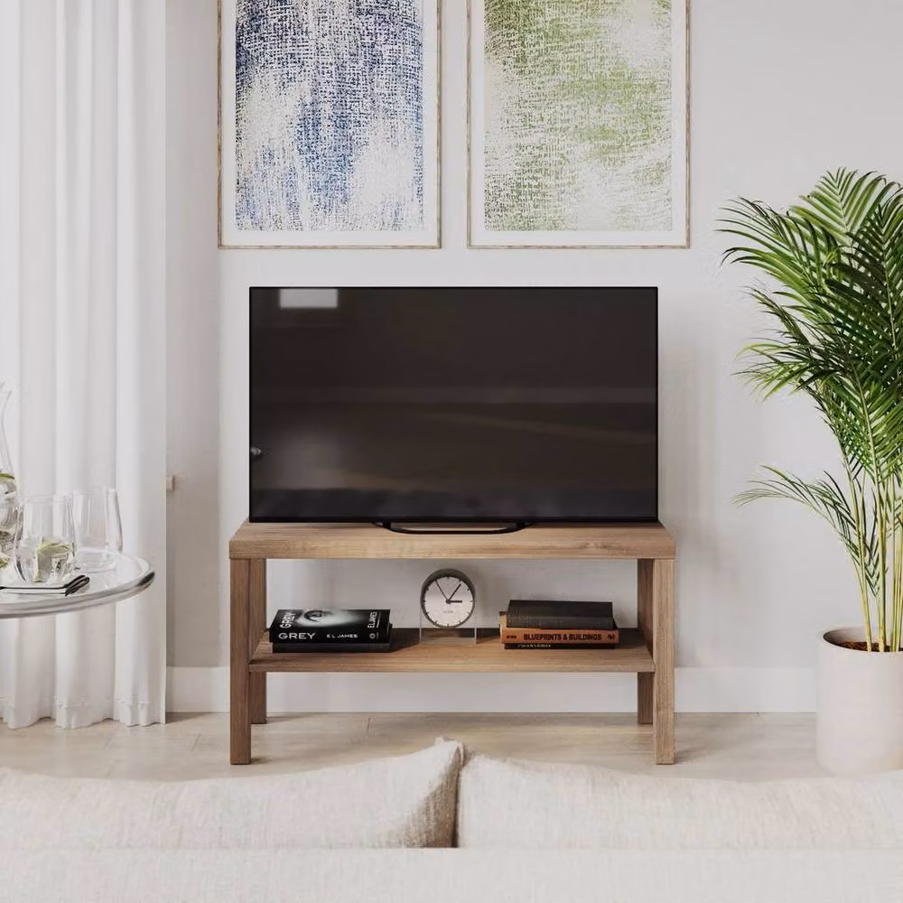 PAWNORA 2 Tier Modern TV Bench Stand in Light Oak