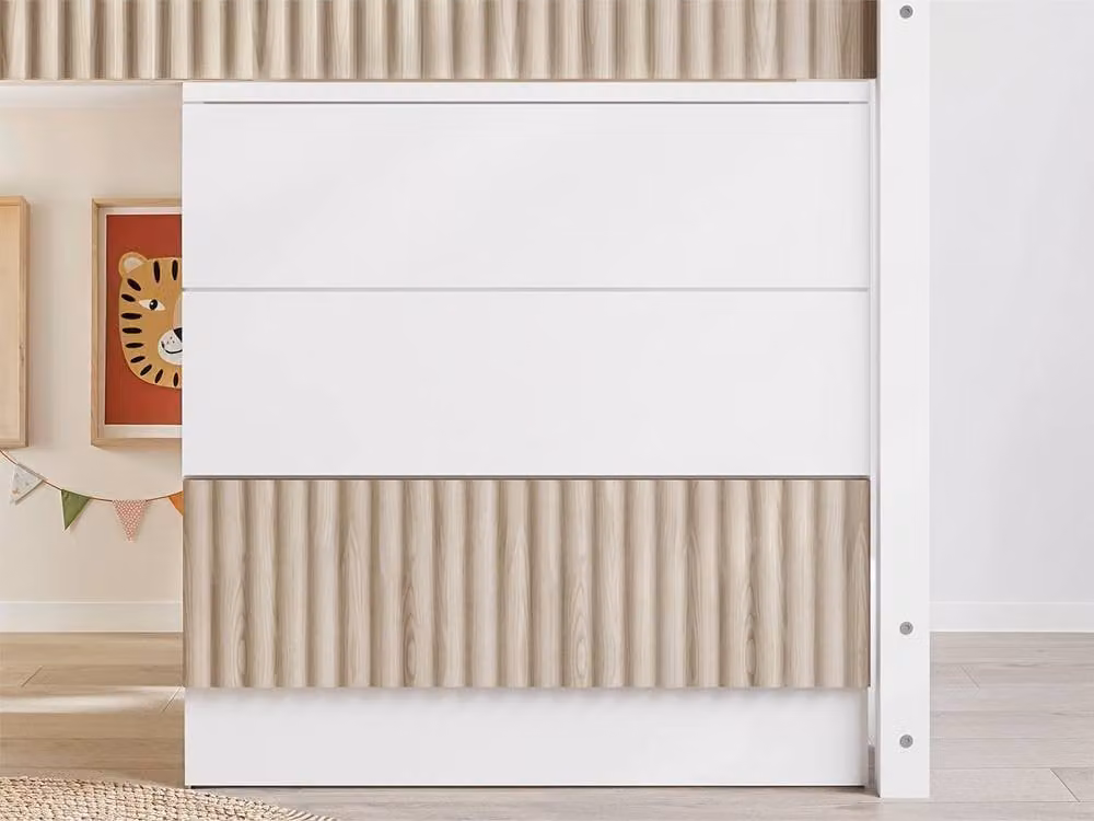 Flair Luca Ribbed Mid Sleeper with 3 Drawer Chest in Light Oak and White, Single Size, H: 113 cm, W: 90 cm, D: 190 cm – 1