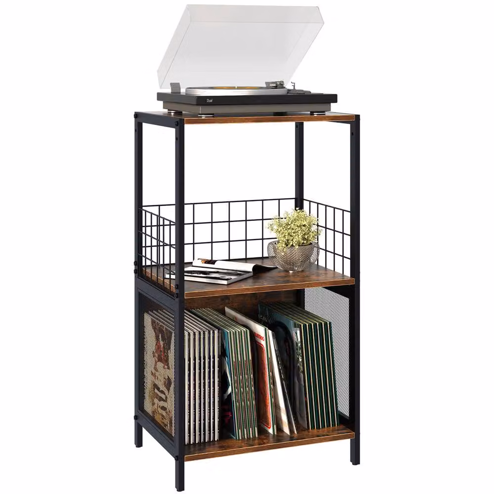 Huhote 3 Tier Brown Vinyl Turntable Stand and Record Player Storage Cabinet – 2