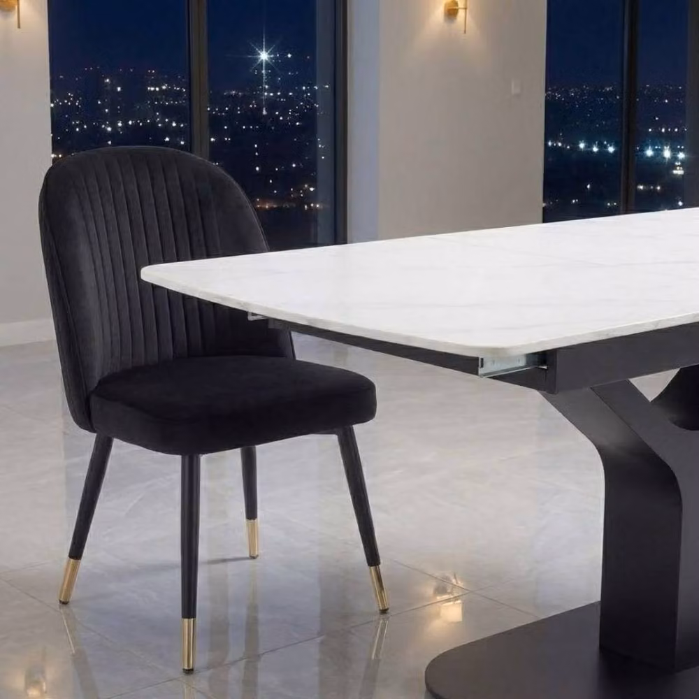 Home Luxe Interior Sapphire Extending White Quartz Dining Table and 6 Black Liza Chairs – 5