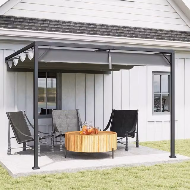 Outsunny Grey Metal Lean-to Outdoor Pergola with Retractable Canopy