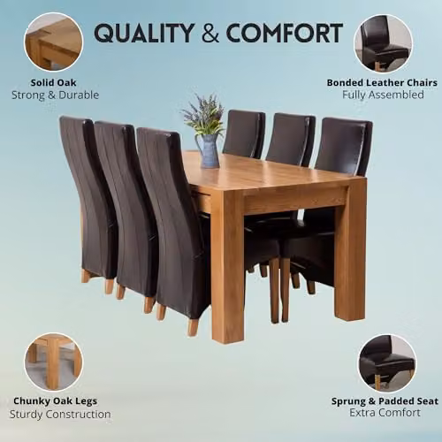 Thats Furniture Kuba Oak Dining Table and 6 Lola Brown Leather Chairs Set, W: 180 cm, D: 90 cm – 2