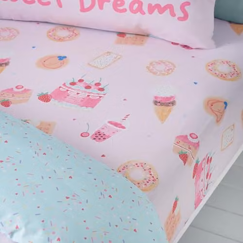 Catherine Lansfield Sweet Treats Double Fitted Sheet, Pink and Green, W/D/H: 140 x 200 cm